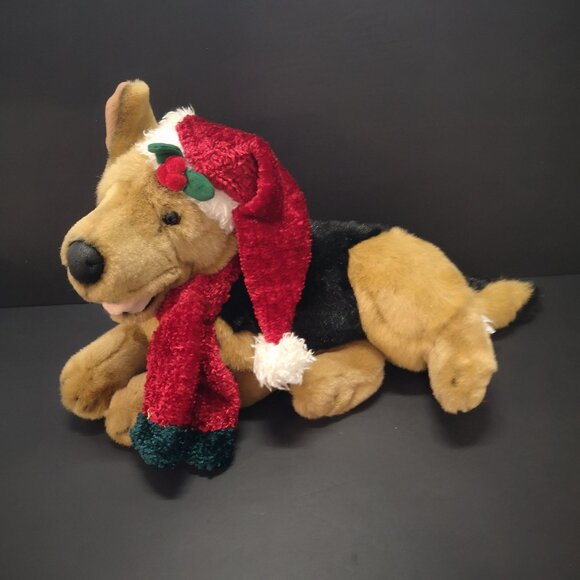 German Shepard Tan & Black Laying Stuffed Plush w/ Hat & Scarf Airbrushed 18" - Picture 1 of 8